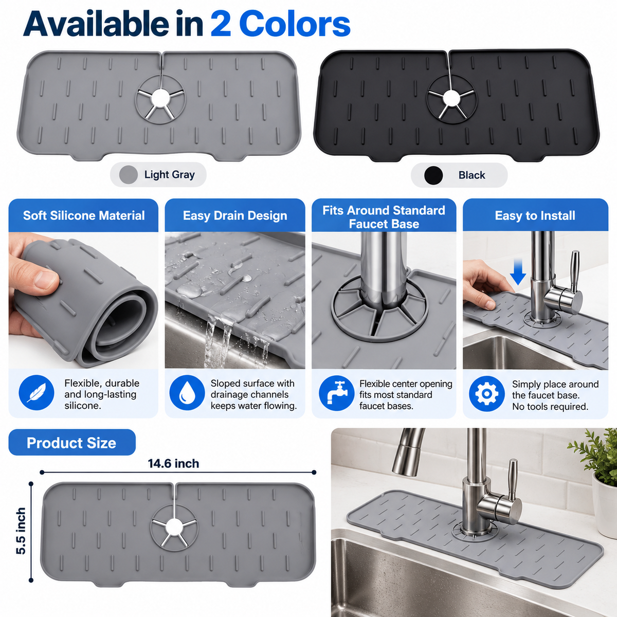 Silicone Faucet Mat – Sink Splash Guard & Countertop Drip Mat