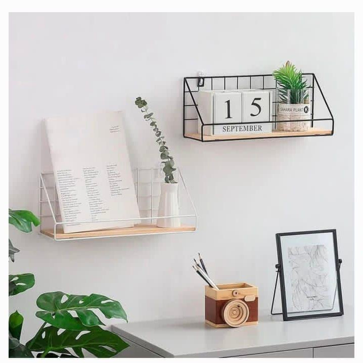 Metal Grid Wall Shelf with Wooden Base for Stylish Home Storage