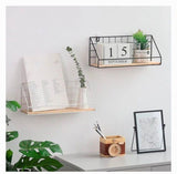 Metal Grid Wall Shelf with Wooden Base for Stylish Home Storage
