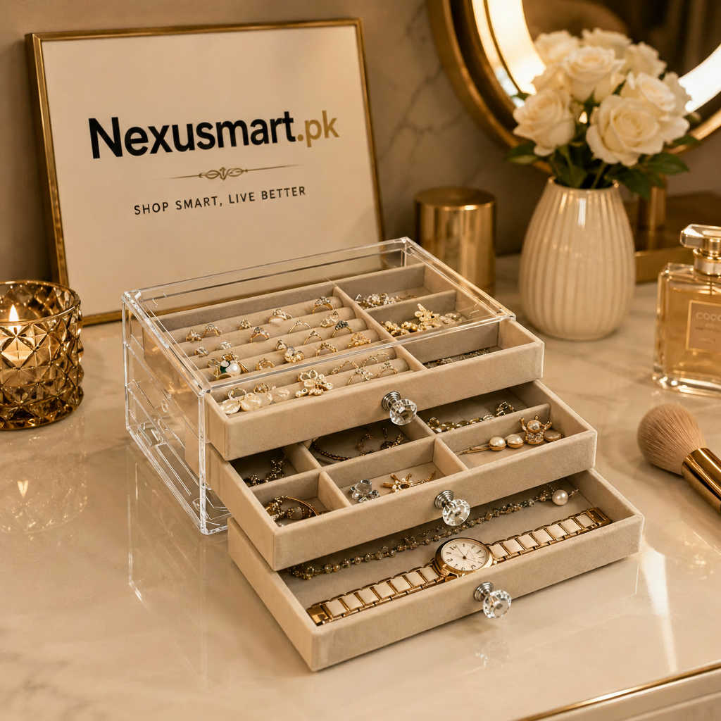 Acrylic Jewellery Organizer – 3-Drawer Stylish Storage Box_nexusmart.pk
