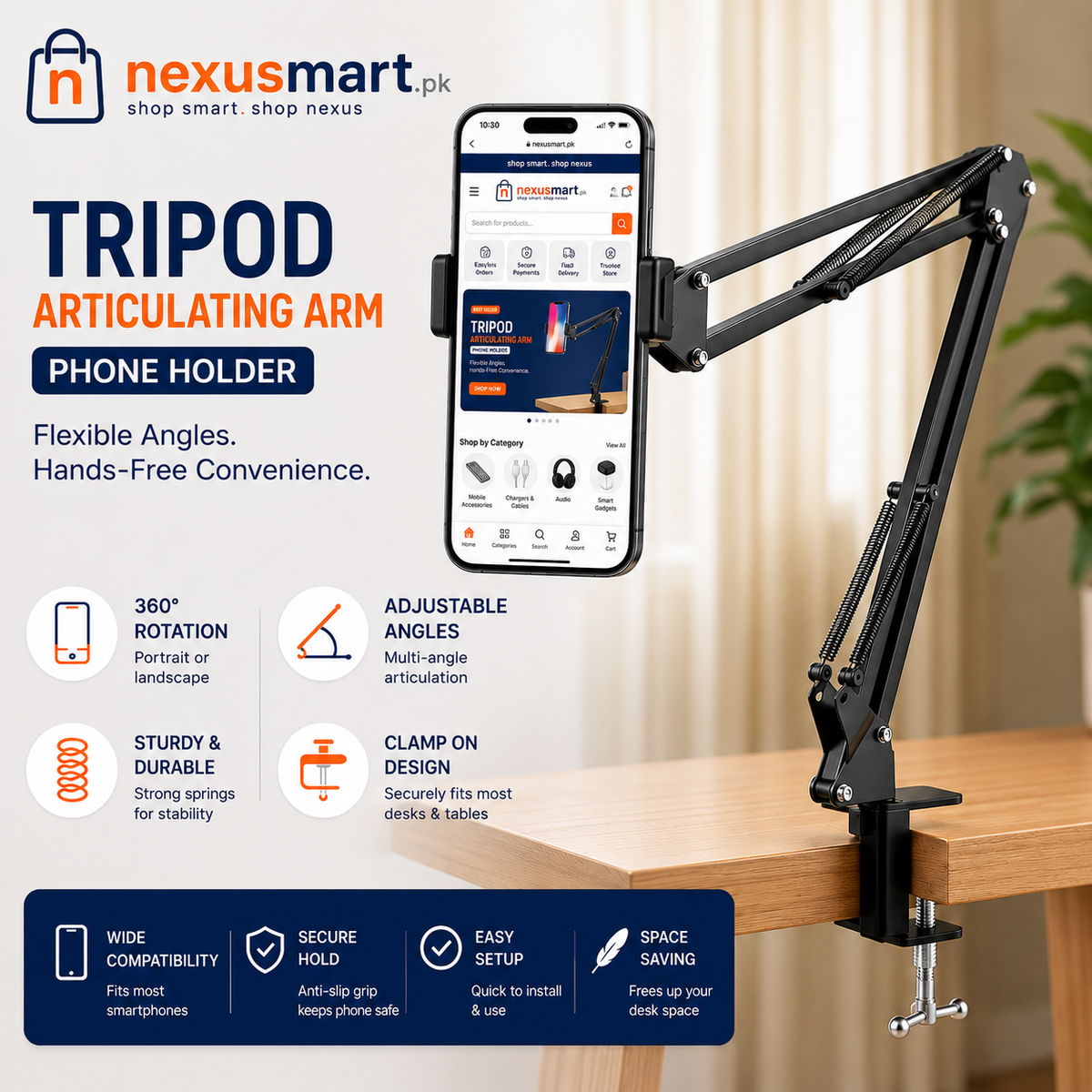 Adjustable Microphone Scissor Arm Stand with Phone Holder & Desk Clamp