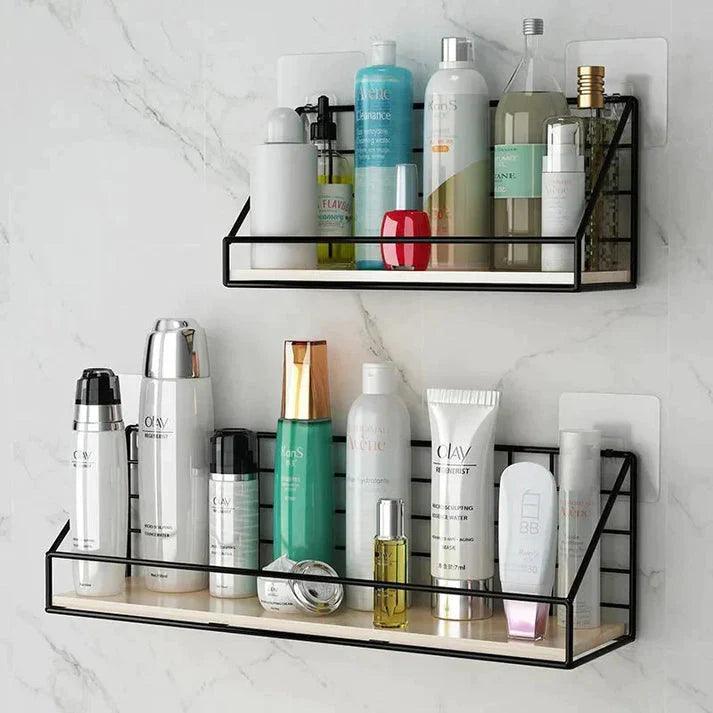 Metal Grid Wall Shelf with Wooden Base for Stylish Home Storage