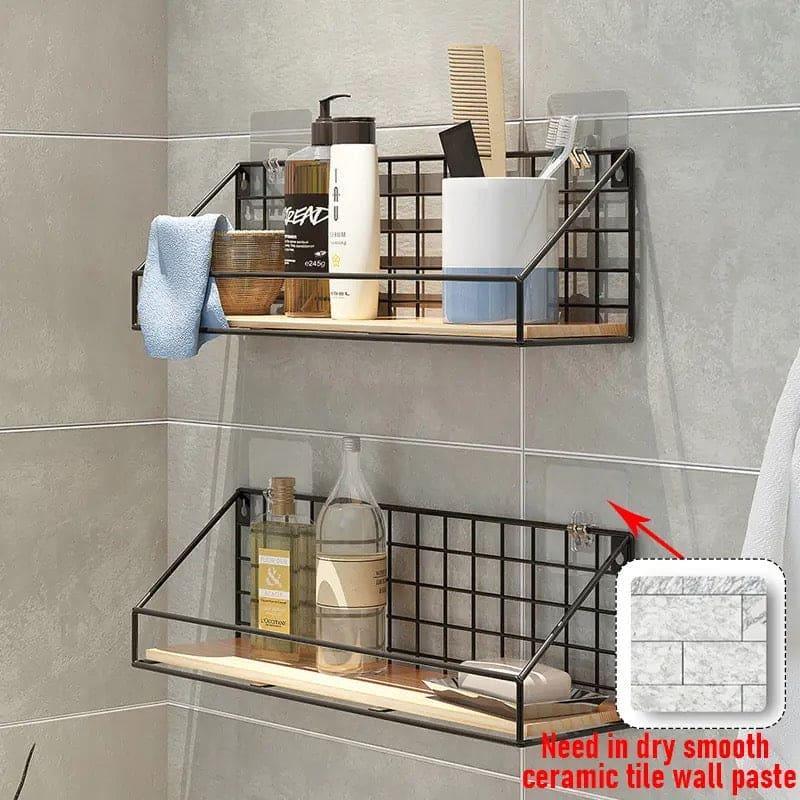 Metal Grid Wall Shelf with Wooden Base for Stylish Home Storage