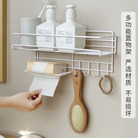 Wall-Mounted Kitchen Storage Shelf with Hooks & Soap Dish Organizer view 3 - Nexusmart Pakistan
