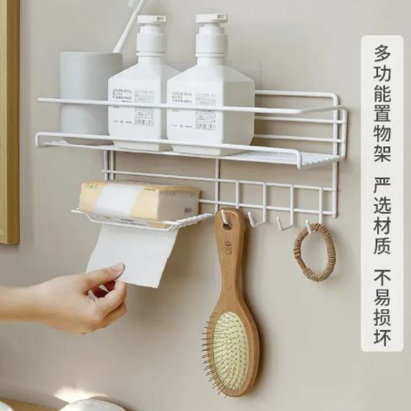Wall-Mounted Kitchen Storage Shelf with Hooks & Soap Dish Organizer view 3 - Nexusmart Pakistan