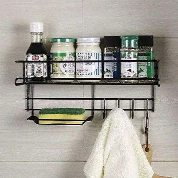 Wall-Mounted Kitchen Storage Shelf with Hooks & Soap Dish Organizer
