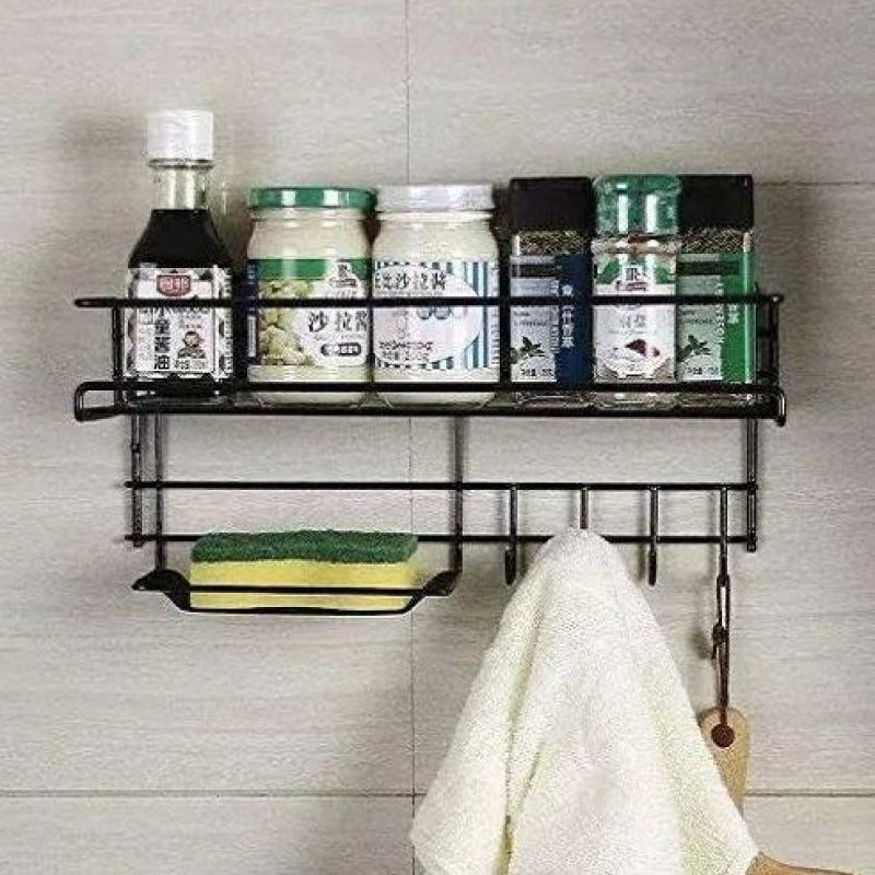 Wall-Mounted Kitchen Storage Shelf with Hooks & Soap Dish Organizer product image - Nexusmart Pakistan