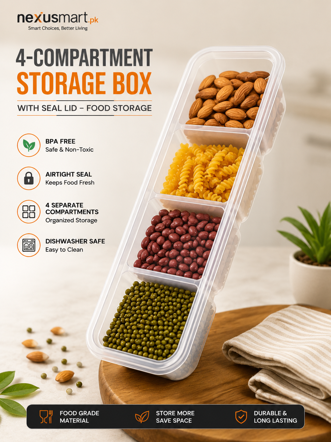 4 Compartment Storage Box with Seal Lid – Food Storage