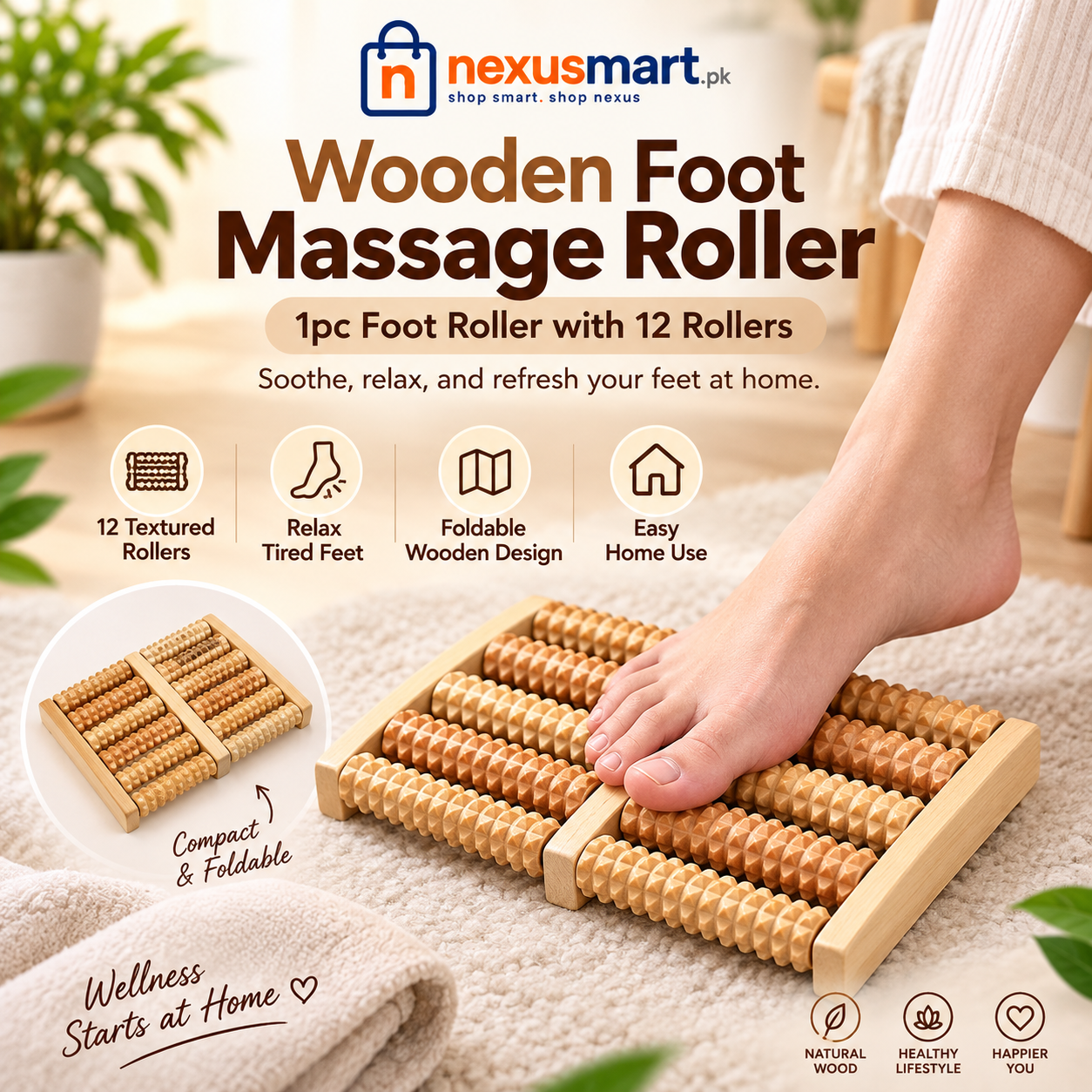 Wooden Foot Massage Roller with 12 Textured Rollers – Manual Foot Massager