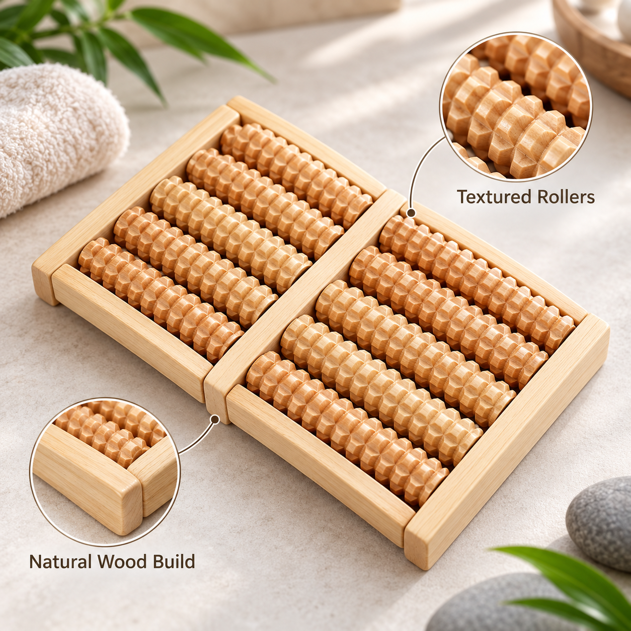 Wooden Foot Massage Roller with 12 Textured Rollers – Manual Foot Massager