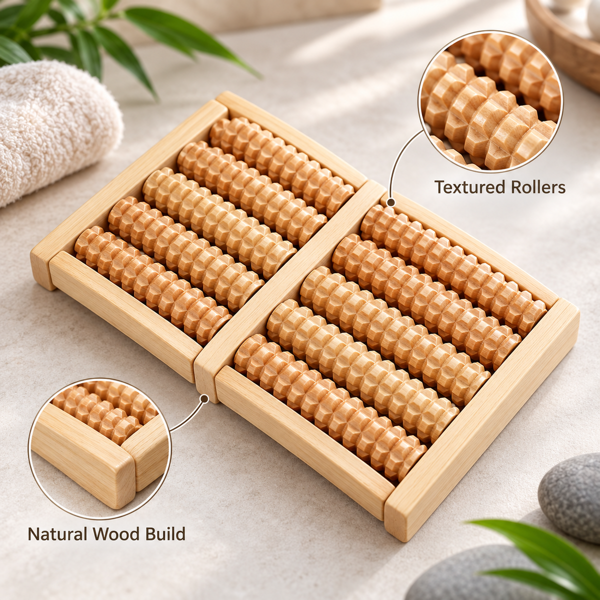 Wooden Foot Massage Roller with 12 Textured Rollers – Manual Foot Massager