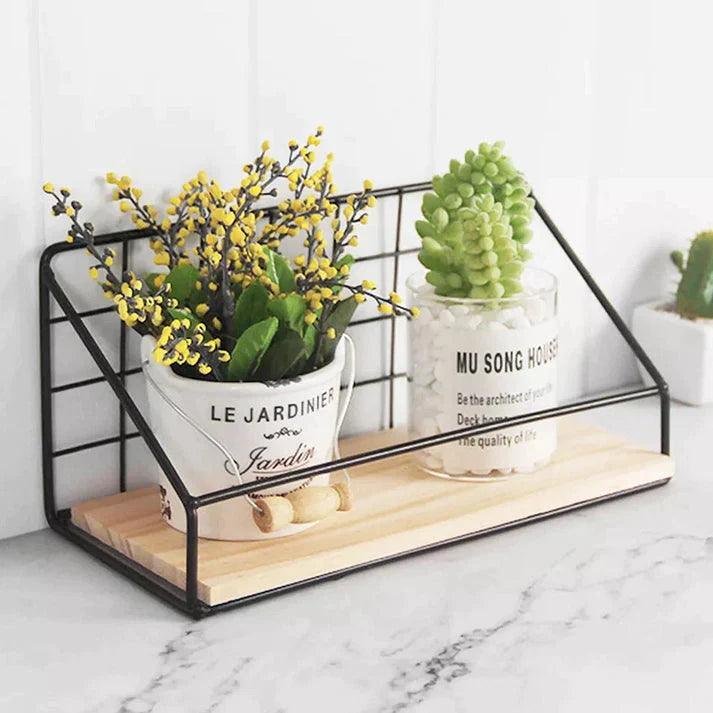 Metal Grid Wall Shelf with Wooden Base – Stylish Home Storage