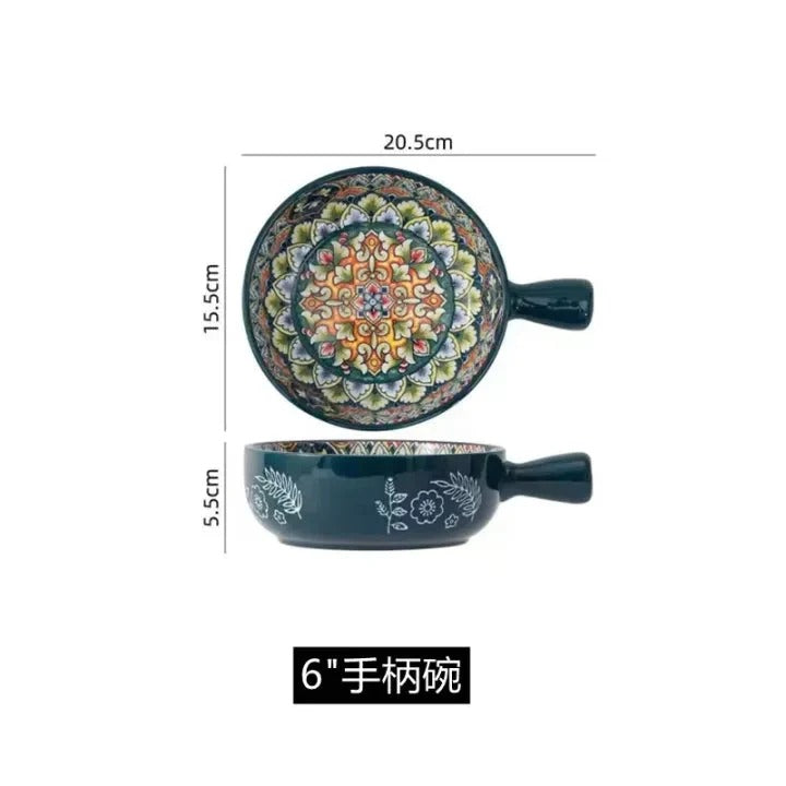 Decorative Ceramic Soup Bowl with Handle – Handcrafted Floral Ramen & Serving Bowl