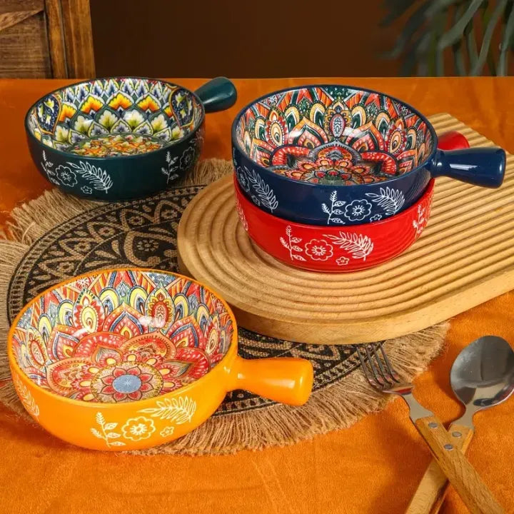 Decorative Ceramic Soup Bowl with Handle – Handcrafted Floral Ramen & Serving Bowl