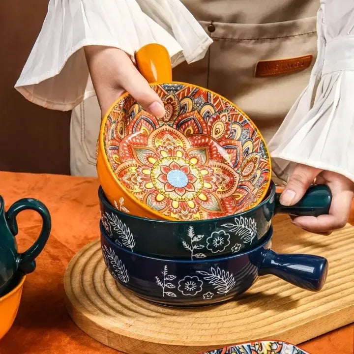 Decorative Ceramic Soup Bowl with Handle – Handcrafted Floral Ramen & Serving Bowl