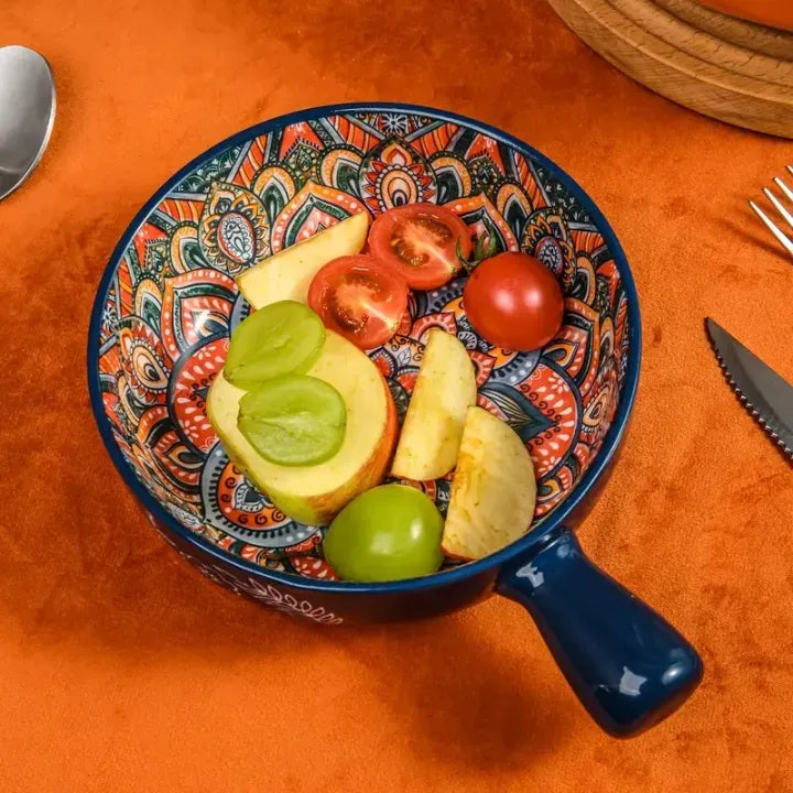 Decorative Ceramic Soup Bowl with Handle – Handcrafted Floral Ramen & Serving Bowl