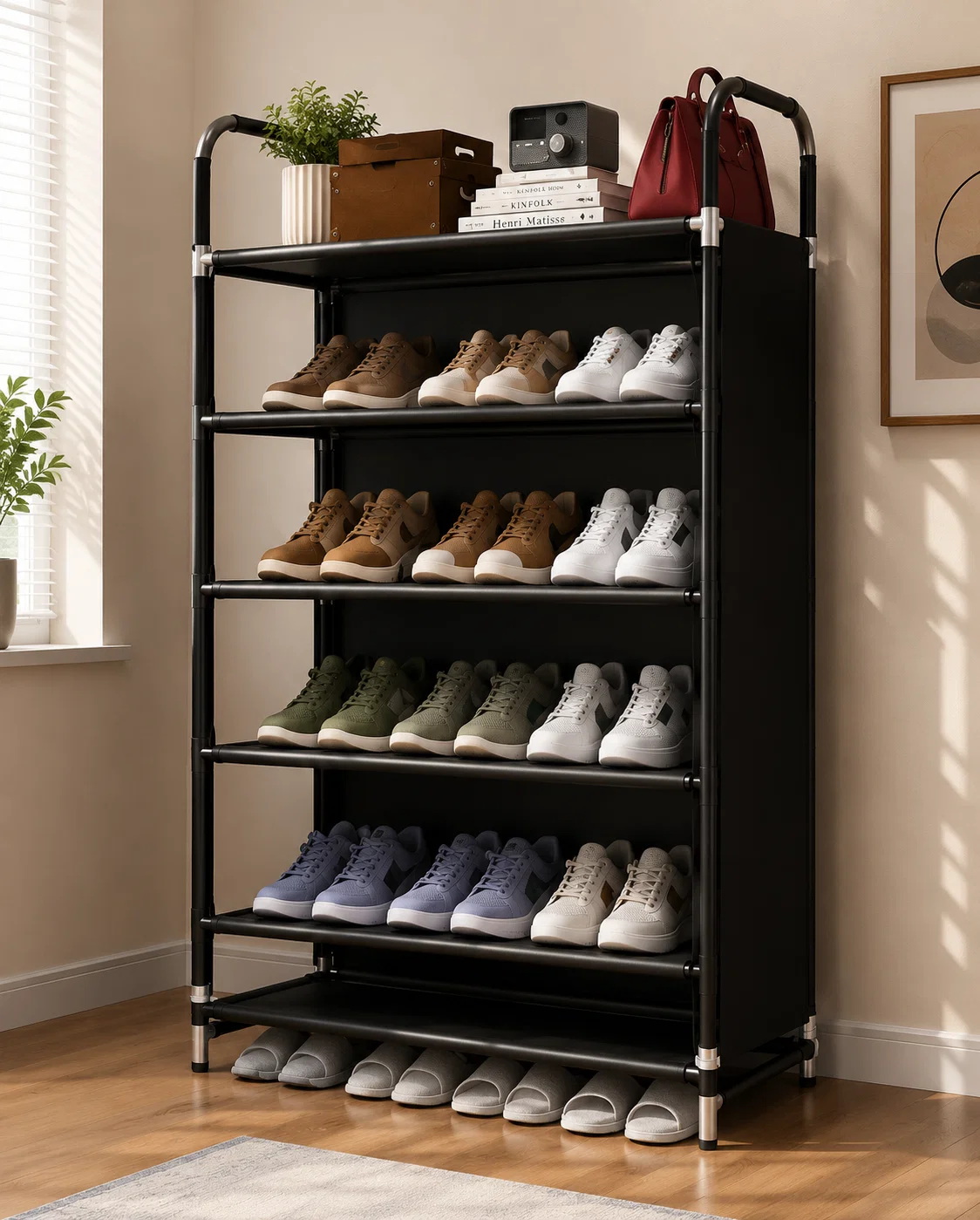 Dustproof Shoe Organizer Shelf with Sliding Curtain Door, Multi Tier Shoe Storage Cabinet, Space Saving Shoe Rack with Side Cover