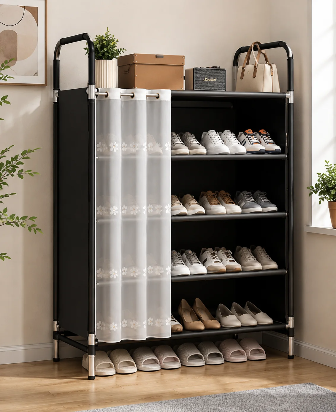 Dustproof Shoe Organizer Shelf with Sliding Curtain Door, Multi Tier Shoe Storage Cabinet, Space Saving Shoe Rack with Side Cover