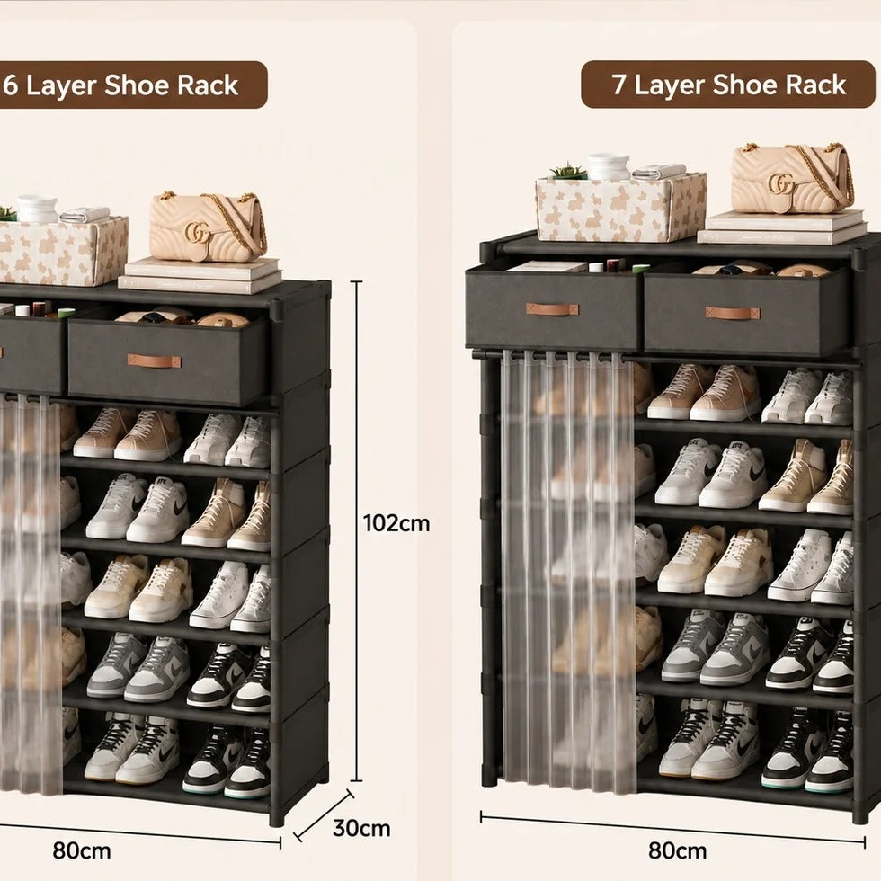 Dustproof Multi-Layer Shoe Rack Organizer with Storage Drawers & Sliding Curtain