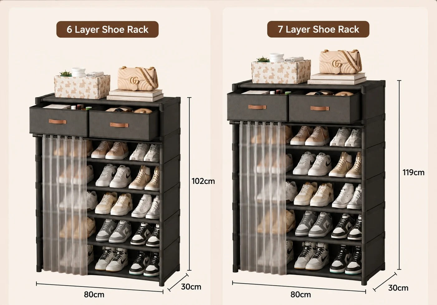 Dustproof Multi-Layer Shoe Rack Organizer with Storage Drawers & Sliding Curtain