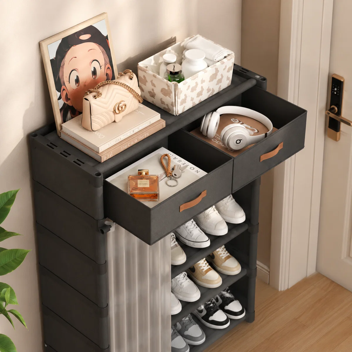 Dustproof Multi-Layer Shoe Rack Organizer with Storage Drawers & Sliding Curtain
