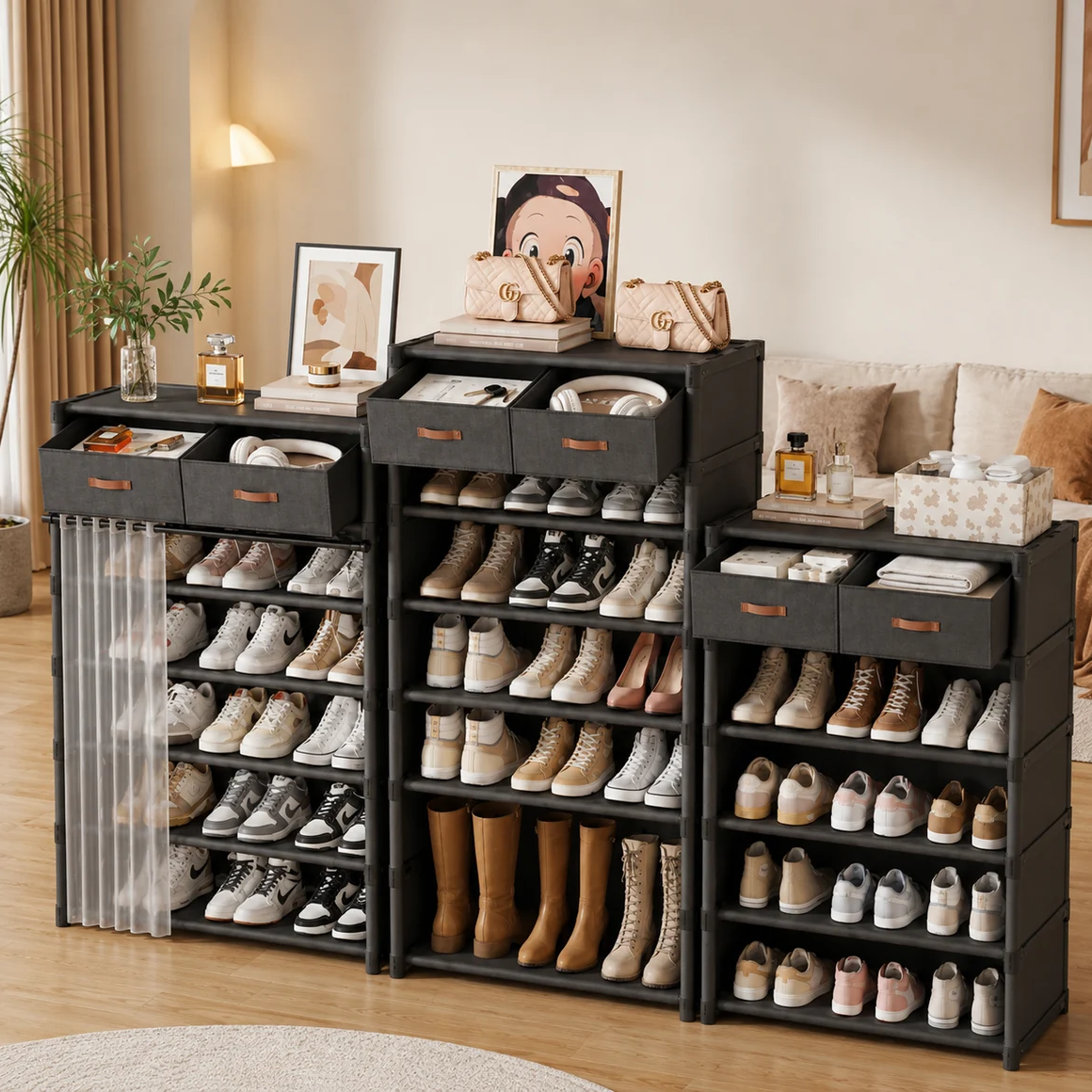 Dustproof Multi-Layer Shoe Rack Organizer with Storage Drawers & Sliding Curtain
