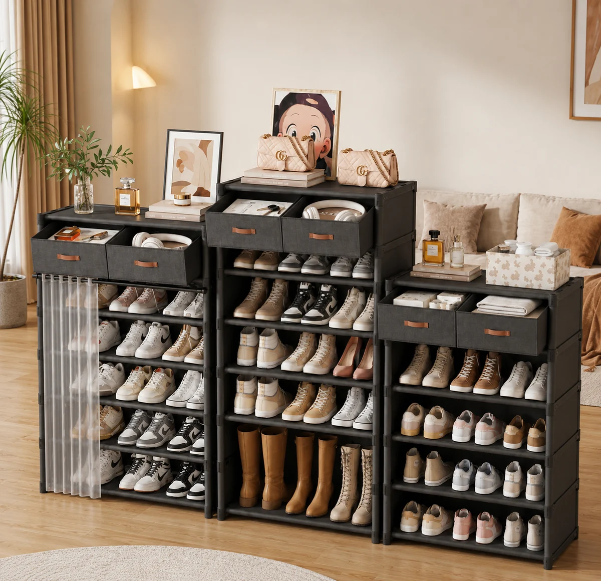 Dustproof Multi-Layer Shoe Rack Organizer with Storage Drawers & Sliding Curtain