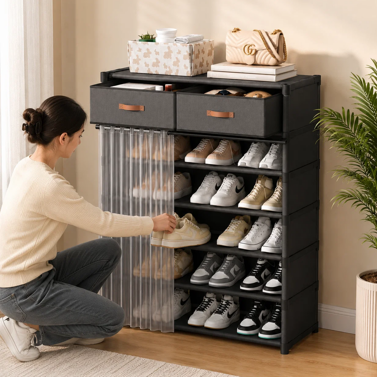 Dustproof Multi-Layer Shoe Rack Organizer with Storage Drawers & Sliding Curtain