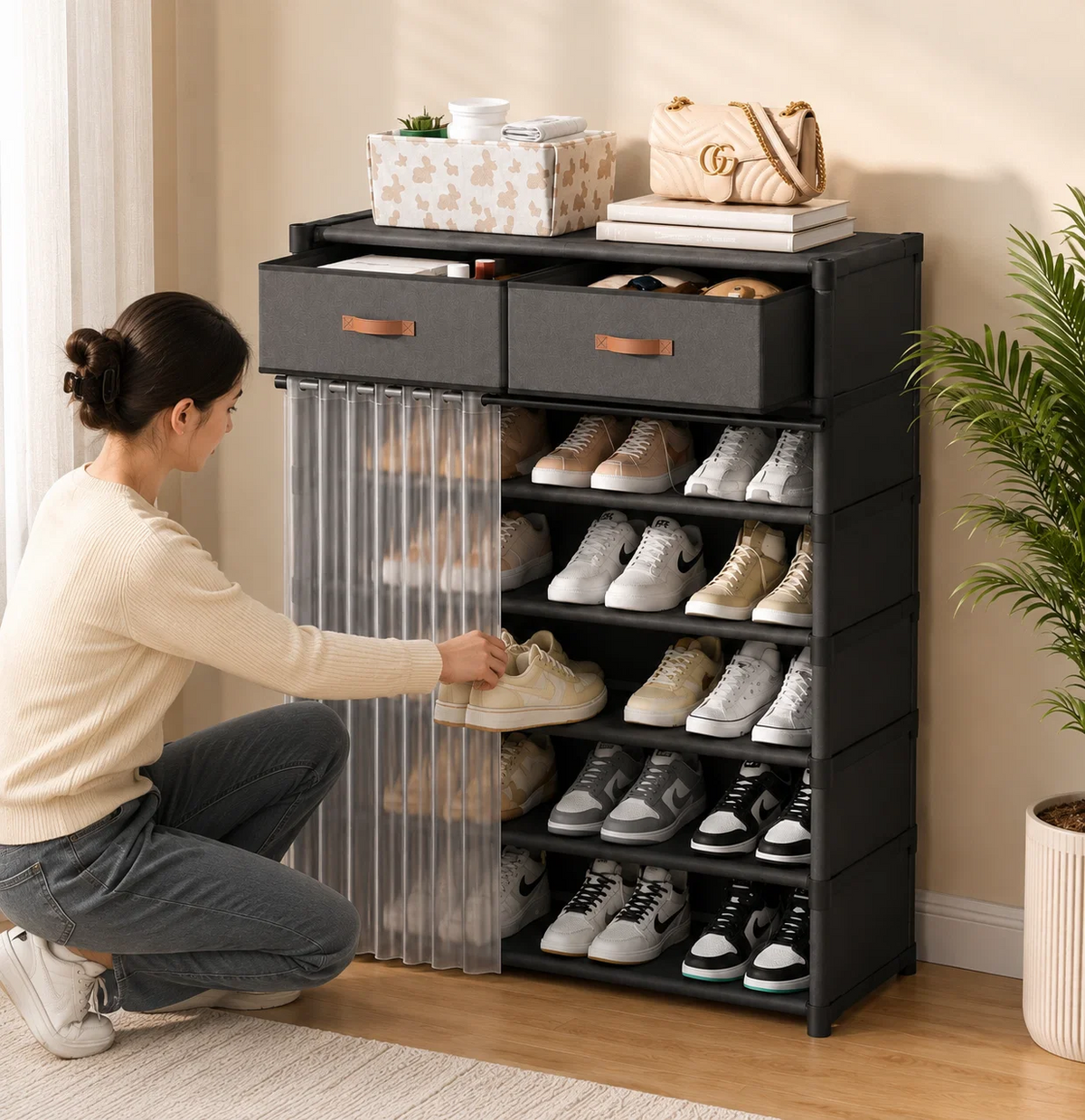 Dustproof Multi-Layer Shoe Rack Organizer with Storage Drawers & Sliding Curtain