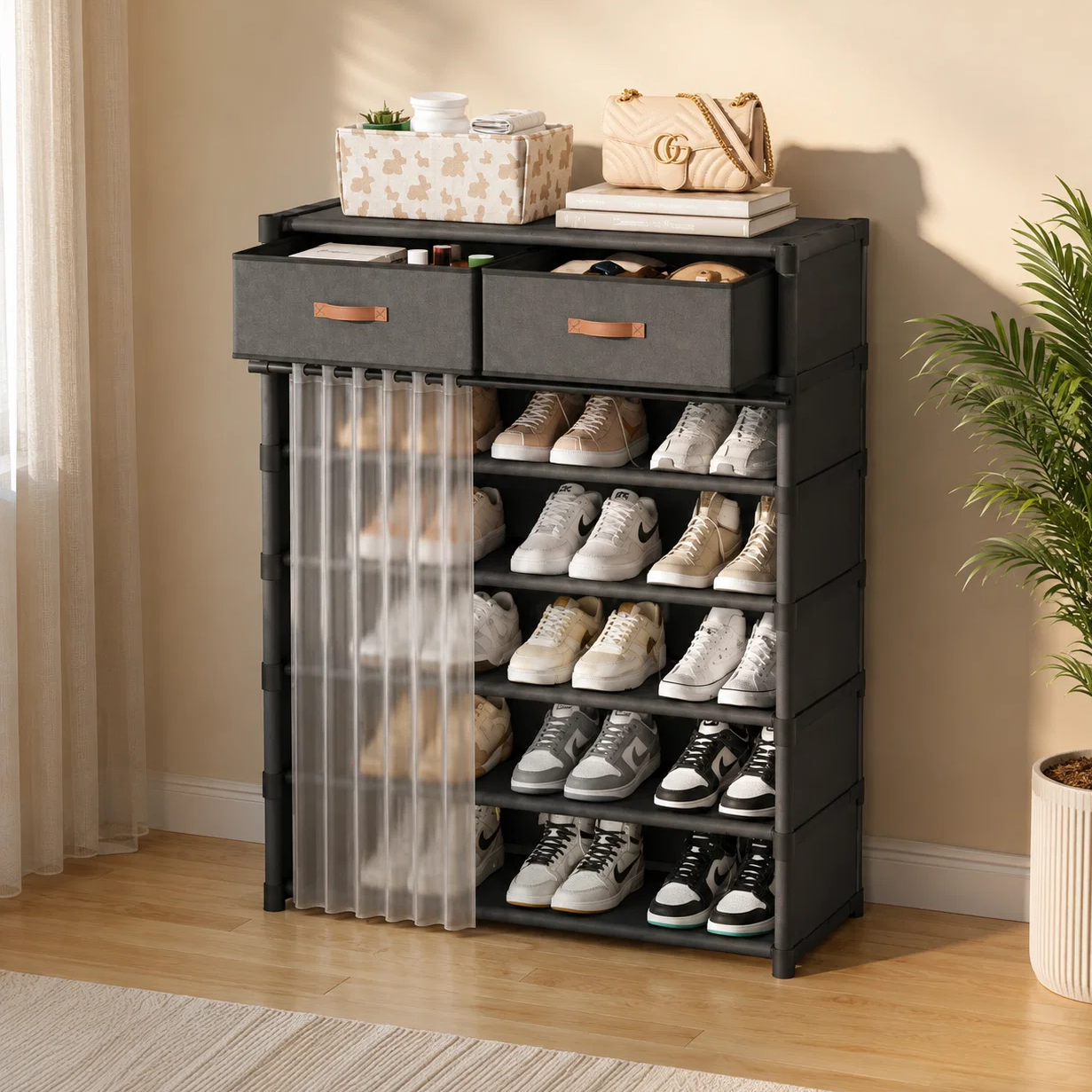 Dustproof Multi-Layer Shoe Rack Organizer with Storage Drawers & Sliding Curtain