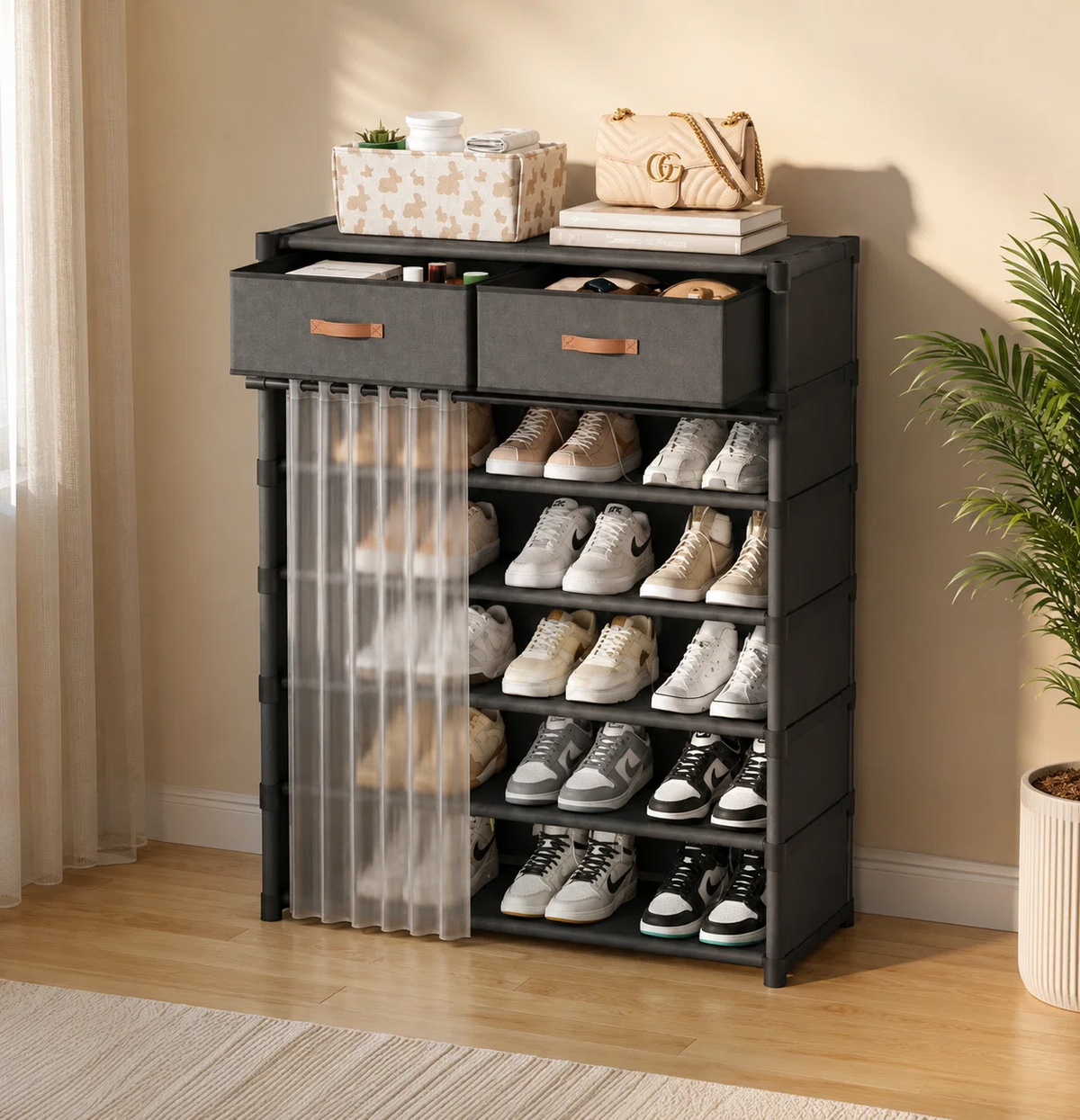 Dustproof Multi-Layer Shoe Rack Organizer with Storage Drawers & Sliding Curtain