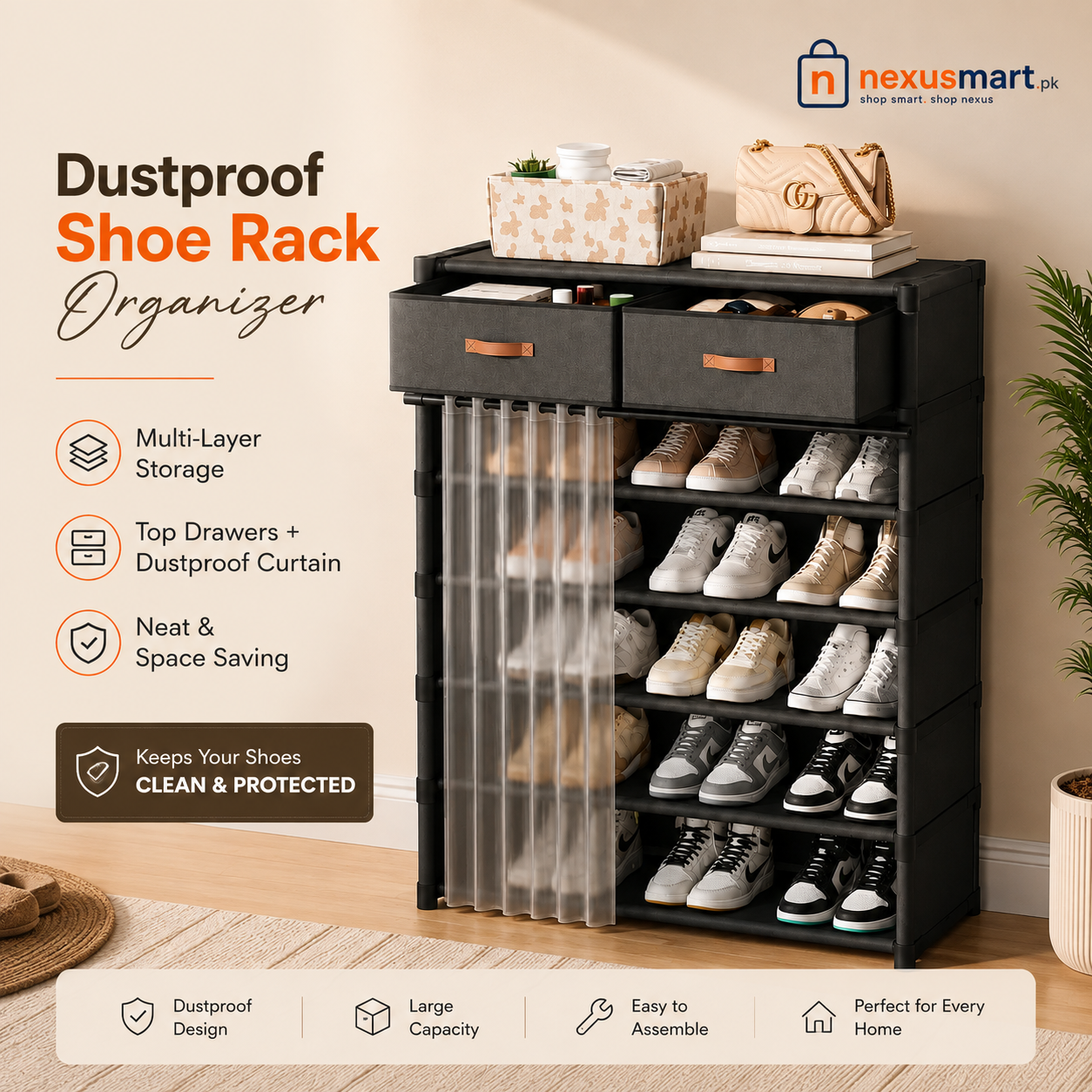 Dustproof Multi-Layer Shoe Rack Organizer with Storage Drawers & Sliding Curtain