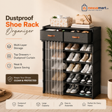 Dustproof Multi-Layer Shoe Rack Organizer with Storage Drawers & Sliding Curtain