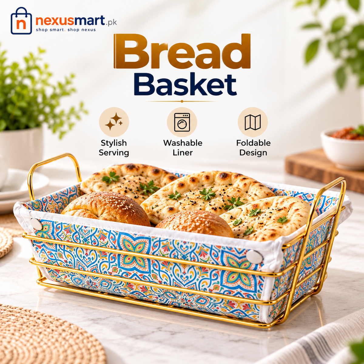 Golden Metal Bread Basket with Washable Fabric Liner