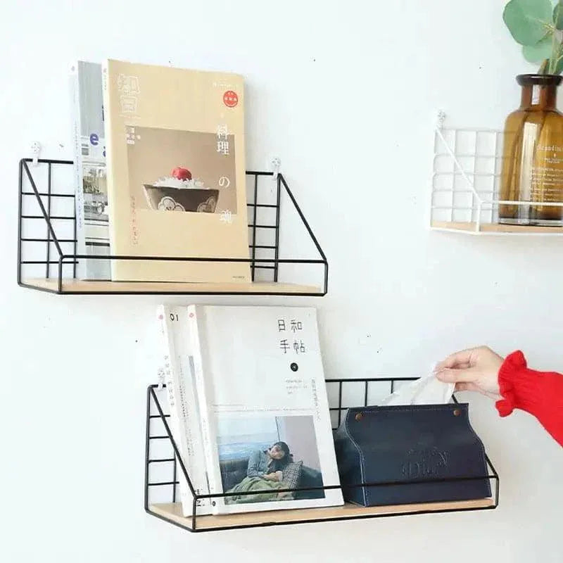 Metal Grid Wall Shelf with Wooden Base for Stylish Home Storage