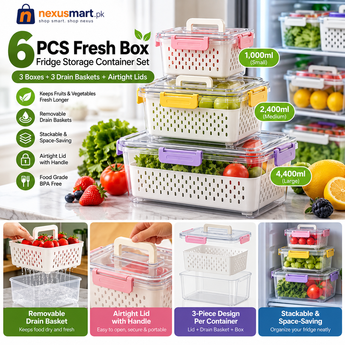 China Imported Fresh Box 6-Piece Stackable Fridge Storage Containers with Drain Baskets – 1L, 2.4L & 4.4L