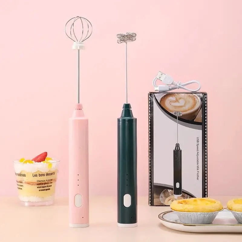 2-in-1 Rechargeable Egg & Coffee Beater with 2 Whisk Attachments & Box Packing