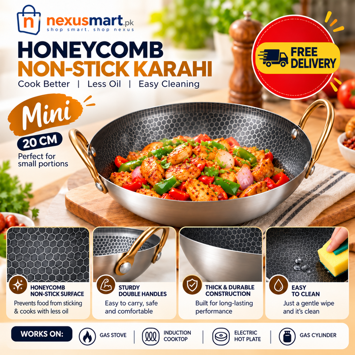 Mini Honeycomb Non-Stick Karahi 20cm – Heavy Duty Double Handle Wok Pan