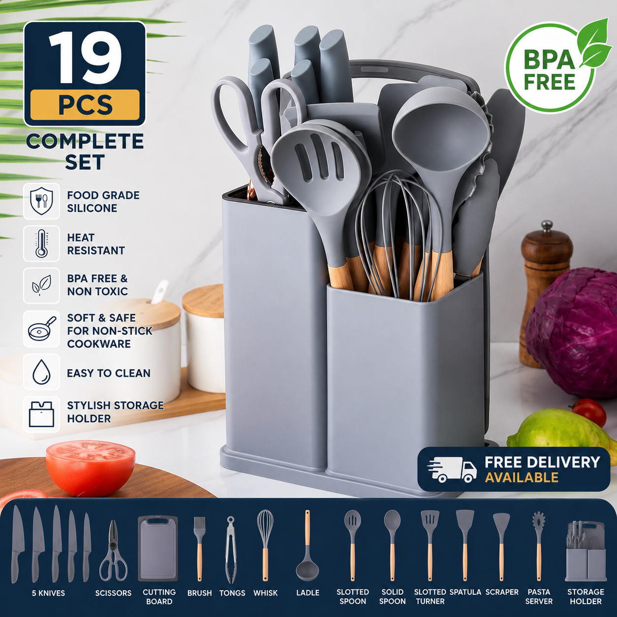 19-Piece Premium Silicone Kitchen Utensils Set with Holder, Knives & Cutting Board