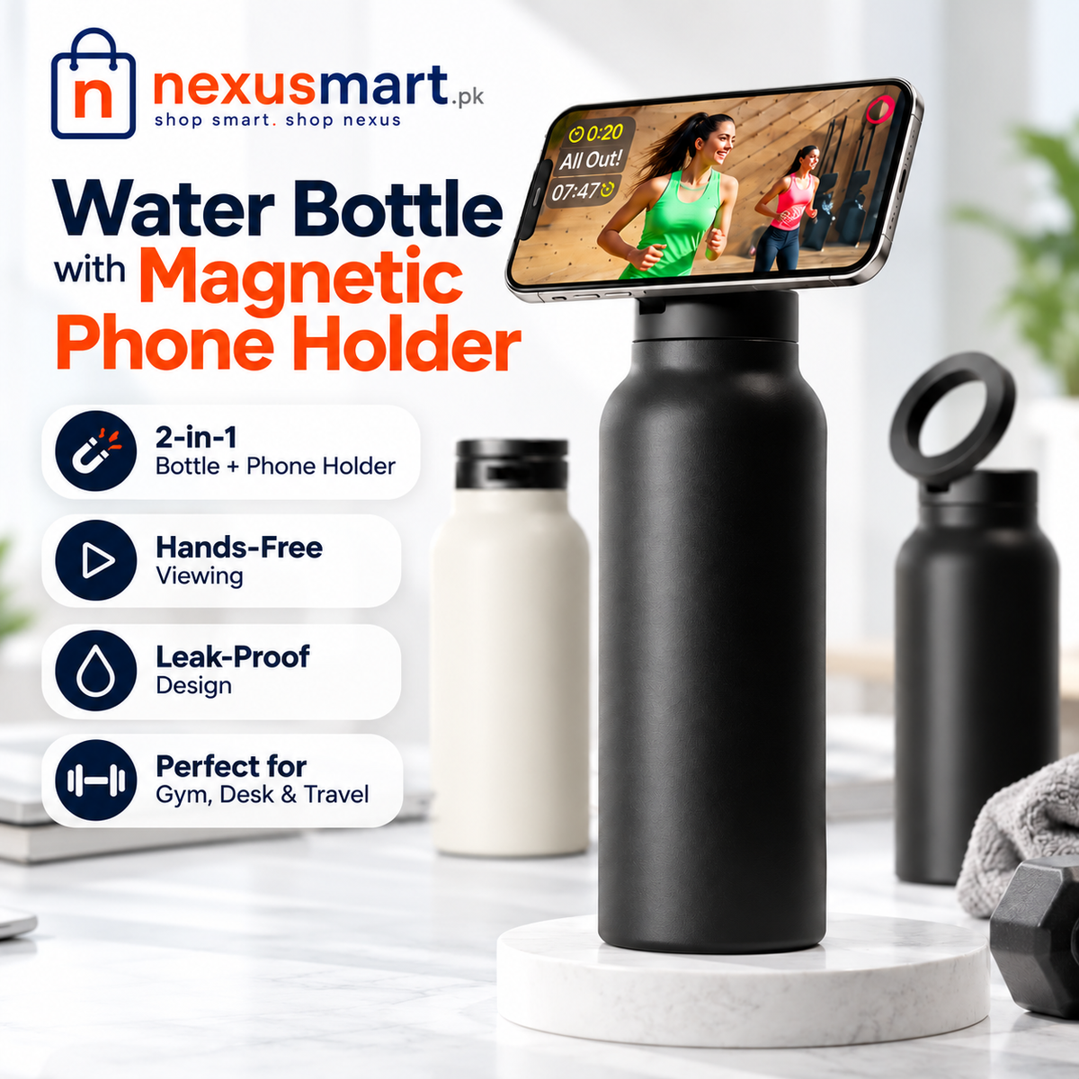 Water Bottle with Magnetic Phone Holder – Hands-Free Sports Bottle