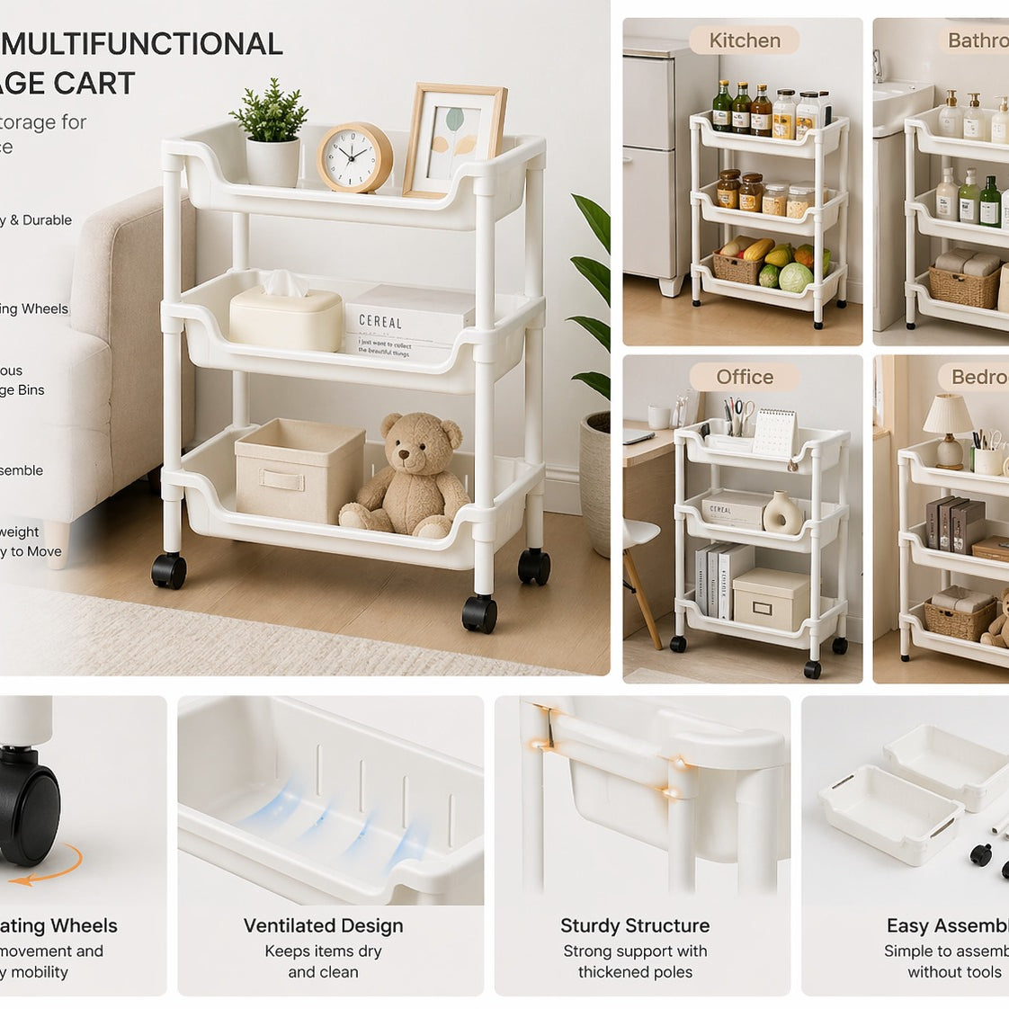 3-Layer Multi-Functional Storage Trolley with Wheels