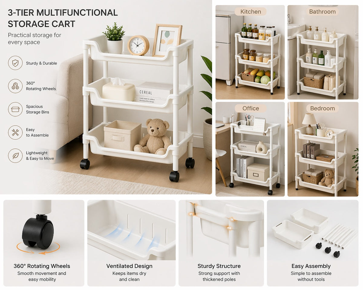 3-Layer Multi-Functional Storage Trolley with Wheels