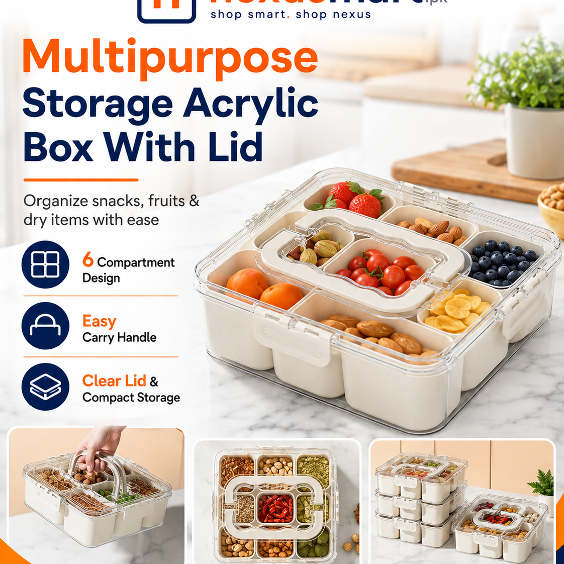 Multipurpose 6 compartment storage acrylic box with lid and handle - Nexusmart.pk