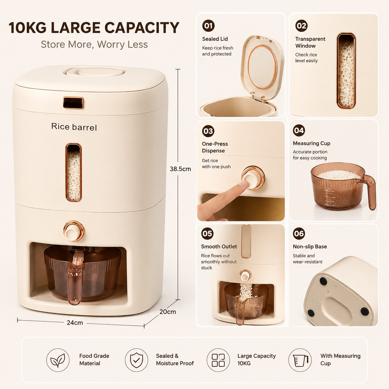 10KG Push Button Rice Barrel with Measuring Cup – Sealed Rice Storage Dispenser
