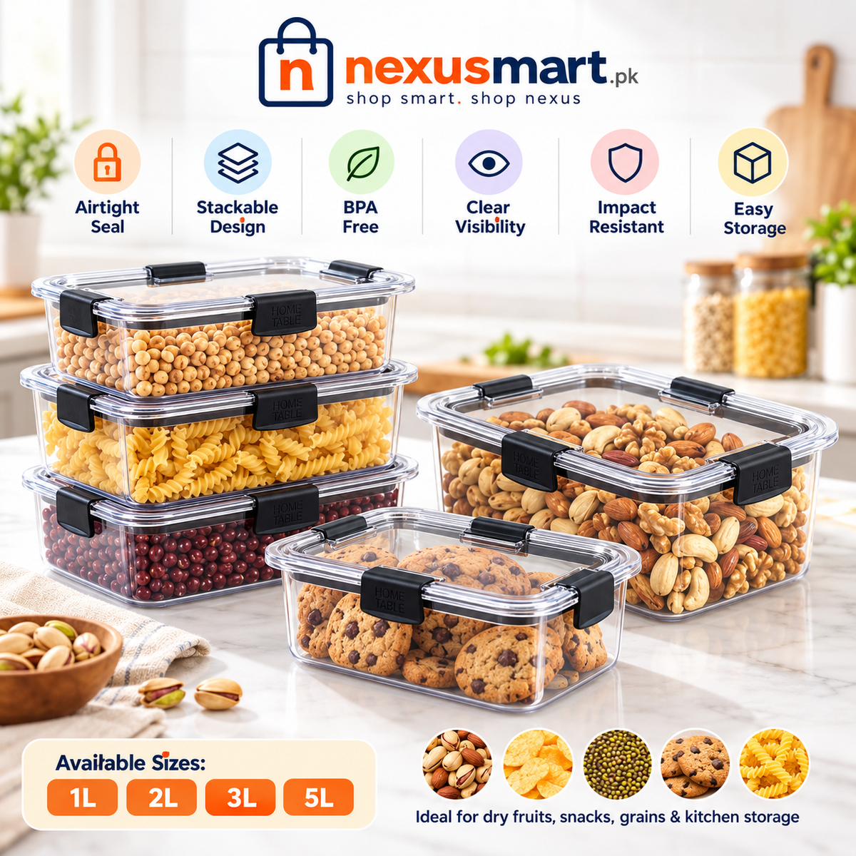 Clear Airtight Food Storage Container – Stackable Pantry Organizer | 1L, 2L, 3L, 5L
