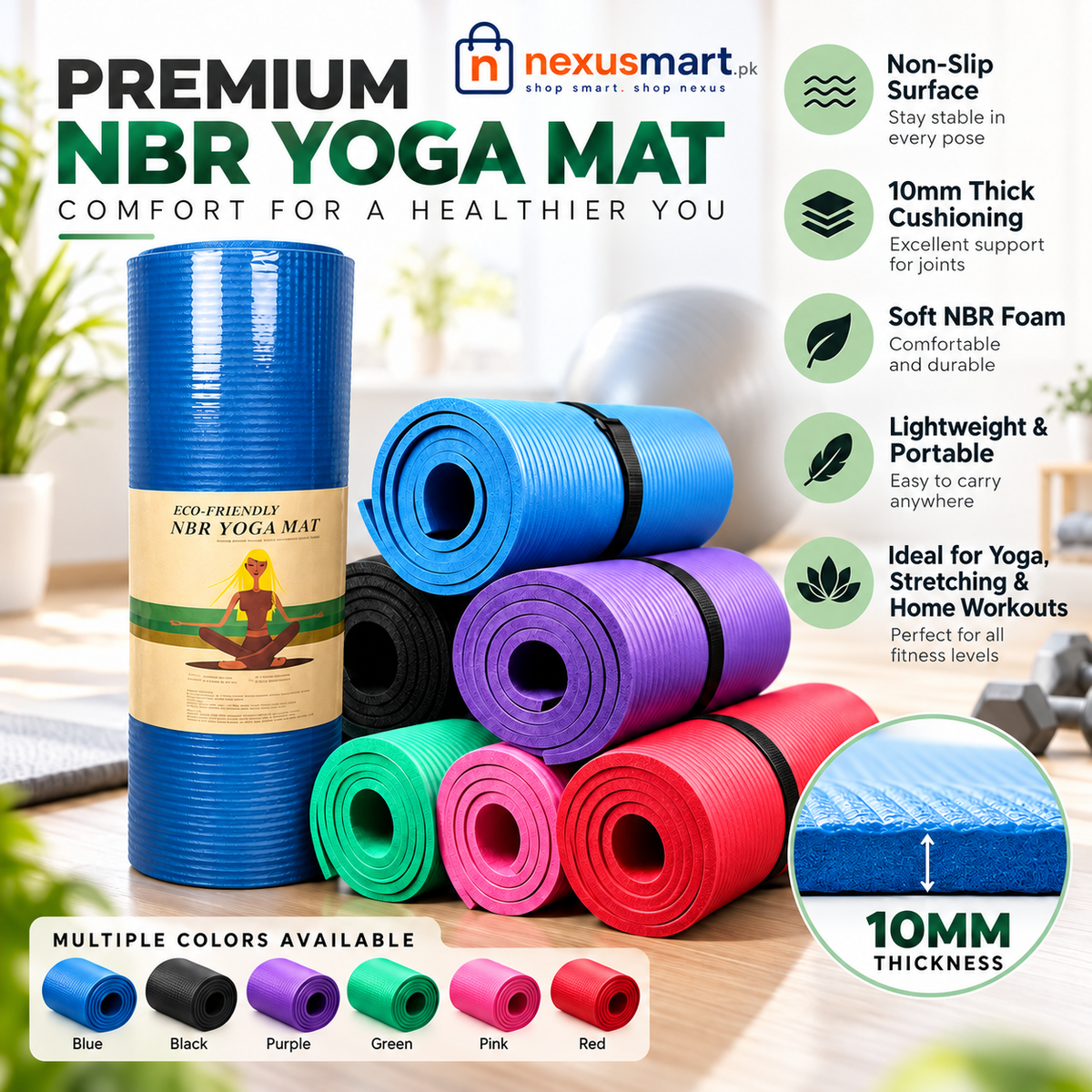 10mm NBR Exercise Yoga Mat – Thick Non-Slip Cushioned Fitness Mat