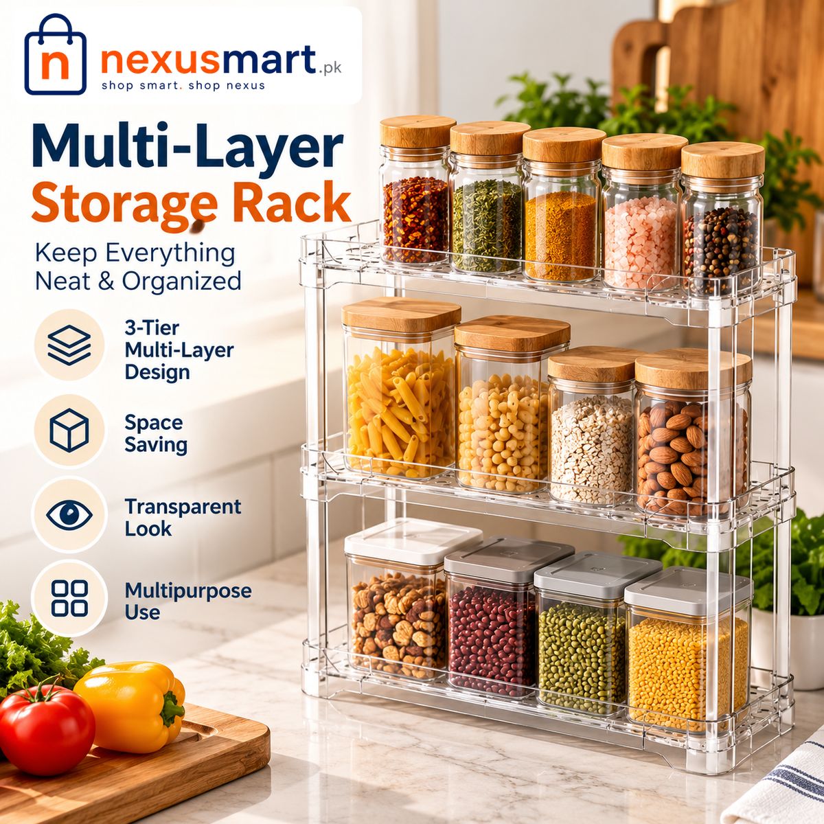 Transparent acrylic multi-layer storage rack organizing spices and pantry jars