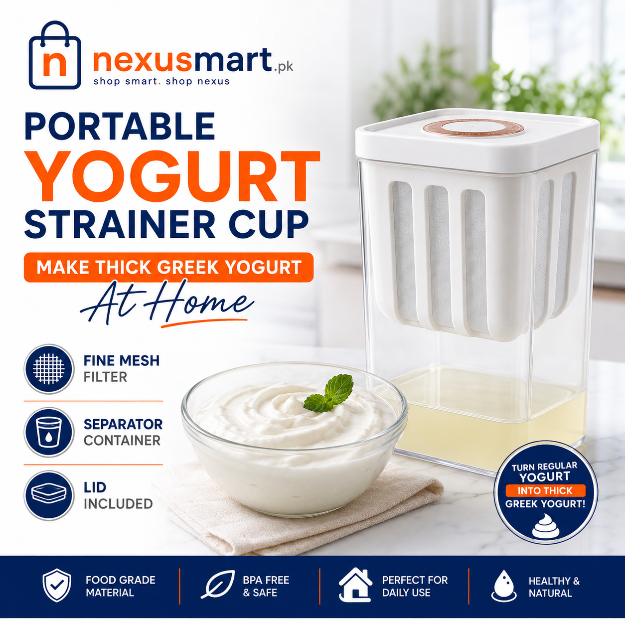 Portable Greek Yogurt Strainer Cup with Fine Mesh Separator & Lid