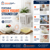 Portable Greek yogurt strainer cup with fine mesh separator and storage lid