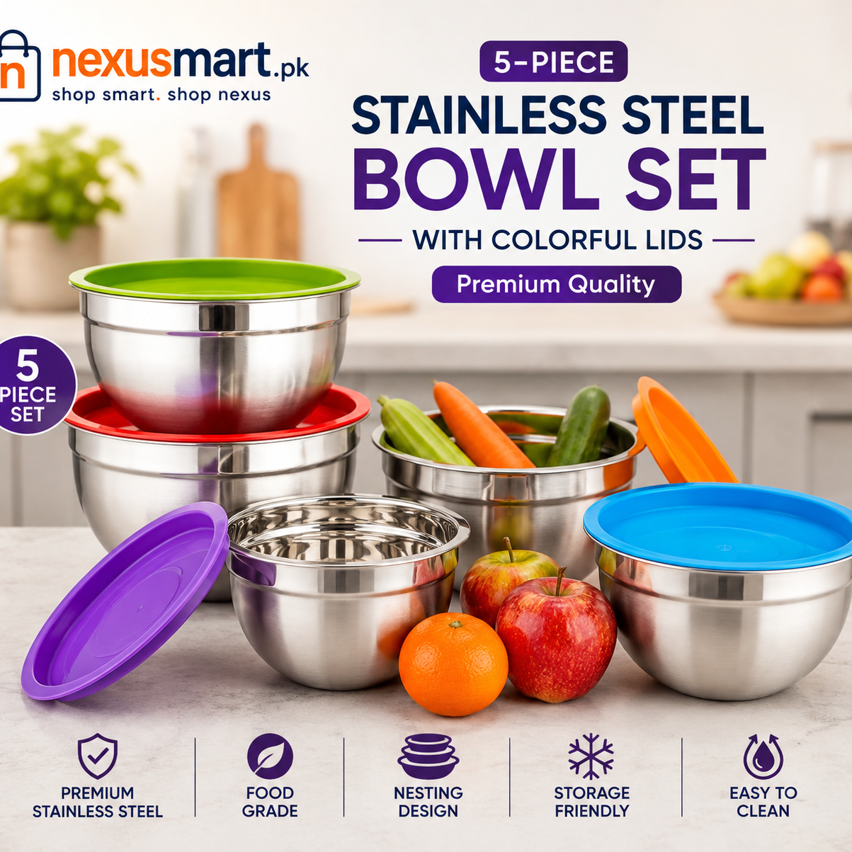 5-Piece Stainless Steel Mixing Bowl Set with Colorful Lids
